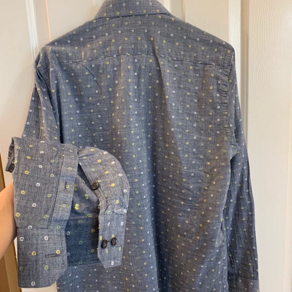 Cotton blue grey shirt yellow green woven dots 16 - Picture 6 of 8